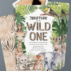 Wild one boy 1st birthday jungle safari themed invitation