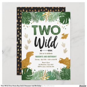 Two Wild Dino Party Boy Gold Dinosaur 2nd Birthday Invitation