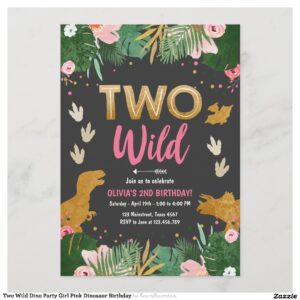 Two Wild Dino Party Girl Pink Dinosaur Birthday Invitation