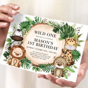 Wild One Tropical Jungle Safari Animals Birthday Invitation