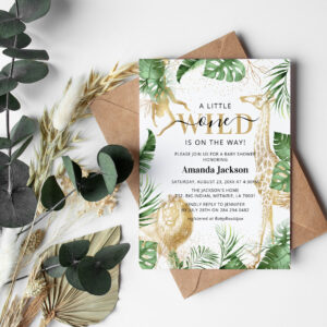 Wild One Jungle Safari Greenery & Gold Baby Shower Invitation