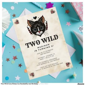 Two Wild Cute Kitten Cat Rockabilly 2nd Birthday Invitation