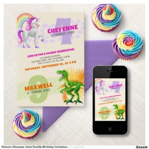 Unicorn Dinosaur Joint Double Birthday Invitation