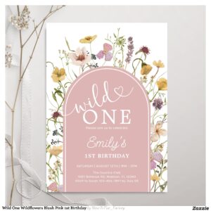 Wild One Wildflowers Blush Pink 1st Birthday Invitation