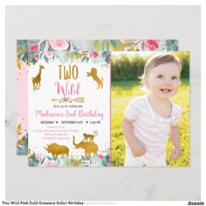 Two Wild Pink Gold Greenery Safari Birthday Invitation