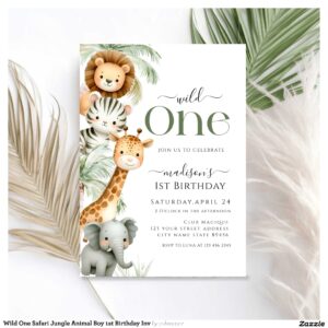 Wild One Safari Jungle Animal Boy 1st Birthday Inv Invitation
