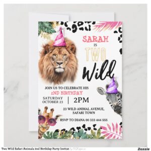 Two Wild Safari Animals 2nd Birthday Party Invitat Invitation