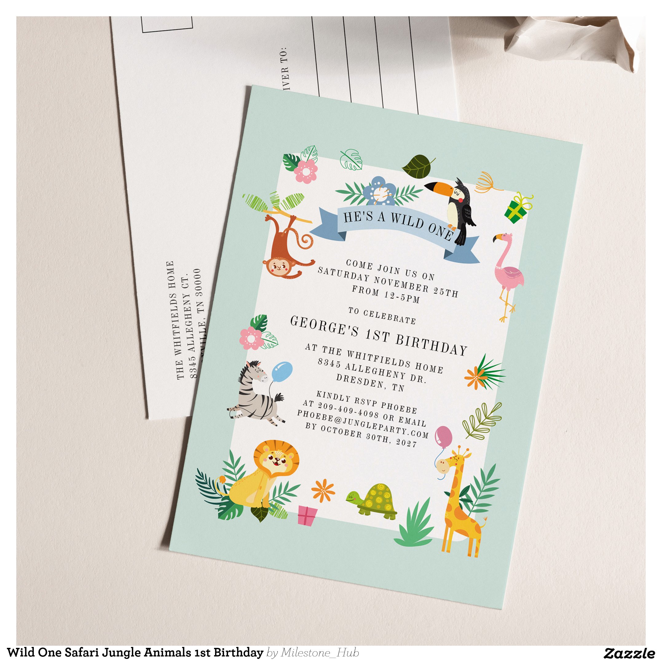 Wild One Safari Jungle Animals 1st Birthday Invitation Postcard