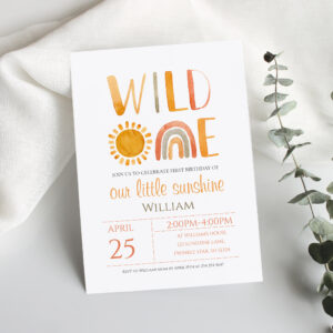 Wild One 1st Birthday Watercolor Rainbow and Sun Invitation
