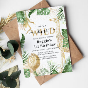Wild One Jungle Greenery & Gold 1st Birthday Party Invitation