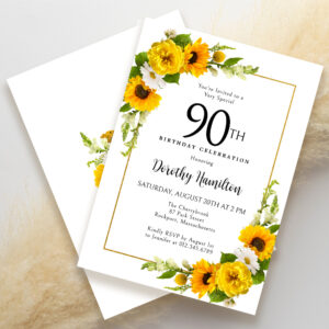 Yellow Sunflower White Daisy Floral 90th Birthday Invitation