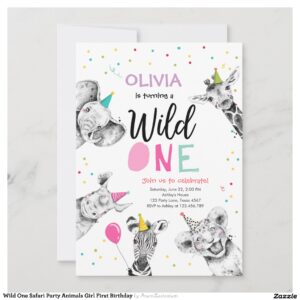 Wild One Safari Party Animals Girl First Birthday Invitation