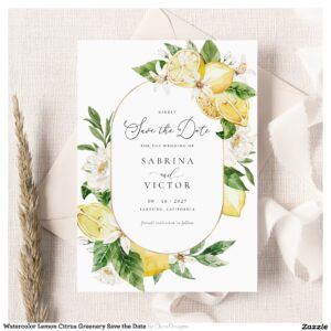 Watercolor Lemon Citrus Greenery Save the Date Invitation