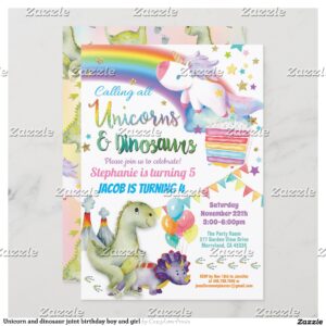 Unicorn and dinosaur joint birthday boy and girl invitation