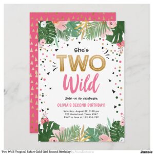 Two Wild Tropical Safari Gold Girl Second Birthday Invitation