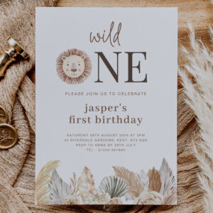 Wild One Neutral Leaves Birthday Invitation