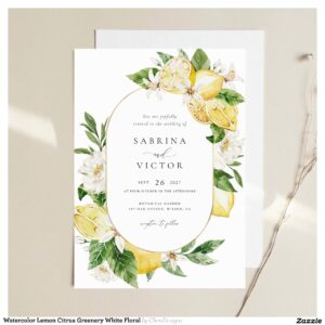 Watercolor Lemon Citrus Greenery White Floral Invitation