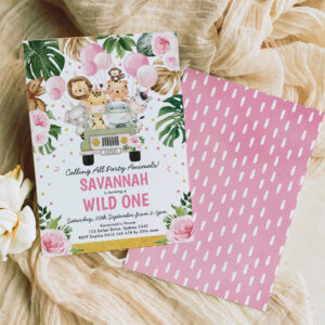Wild One Girl 1st Birthday Jungle Safari Animals Invitation