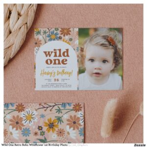 Wild One Retro Boho Wildflower 1st Birthday Photo Invitation