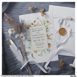 Vintage Daisy Flowers Budget QR Code Wedding Invitation