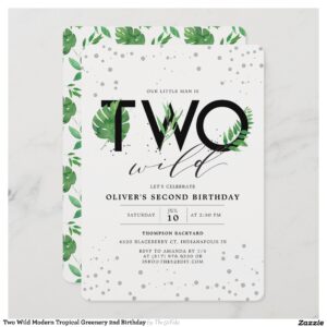 Two Wild Modern Tropical Greenery 2nd Birthday Invitation