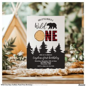 Wild One Bear Buffalo Plaid First Birthday Invitation