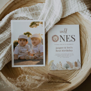 Wild Ones Twins Neutral Leaves - Photo Birthday Invitation