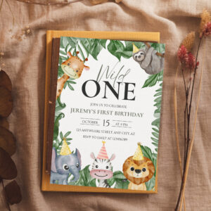 Wild One Safari Animals First Birthday Watercolor Invitation