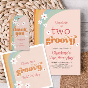 Two Groovy Retro Daisies Girl's 2nd Birthday Invitation