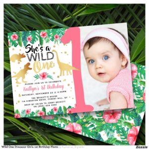 Wild One Dinosaur Girls 1st Birthday Photo Invitation