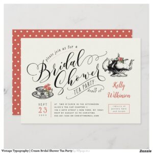 Vintage Typography Cream Bridal Shower Tea Party Invitation