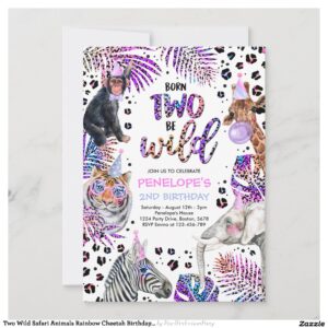 Two Wild Safari Animals Rainbow Cheetah Birthday I Invitation