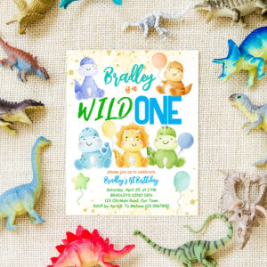 Wild one cute baby dinosaur birthday budget invite