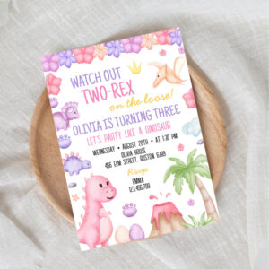Two-Rex Girl Dinosaur Birthday Invitation