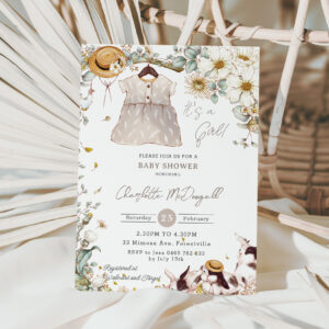 Vintage Bunny Rabbits Ivory Floral Baby Shower Invitation