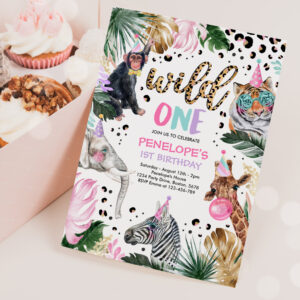 Wild One Leopard Print Safari Animals 1st Birthday Invitation