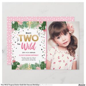 Two Wild Tropical Safari Gold Girl Second Birthday Invitation