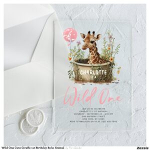 Wild One Cute Giraffe 1st Birthday Boho Animal Acrylic Invitations
