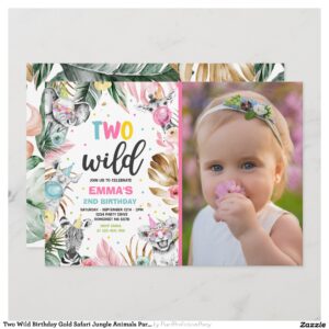 Two Wild Birthday Gold Safari Jungle Animals Party Invitation