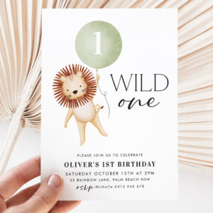 Wild One Lion Sage Balloon Boys 1st Birthday Party Invitation
