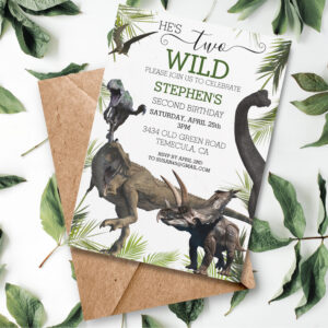 Two Wild Dinosaur Tyrannosaurus Raptor Birthday Invitation