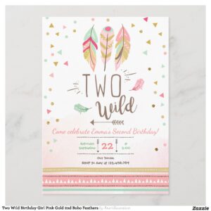 Two Wild Birthday Girl Pink Gold 2nd Boho Feathers Invitation