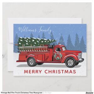 Vintage Red Fire Truck Christmas Tree Monogram Holiday Card