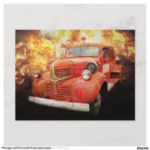 Vintage red fire truck from yesteryear postcard
