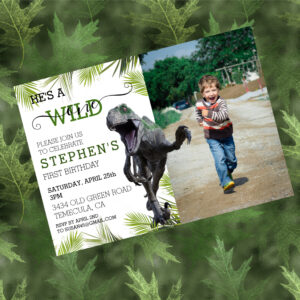 Wild One Dinosaur Jurassic Photo Raptor Birthday Invitation