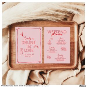 Whimsical hand drawn drunk in love bachelorette invitation