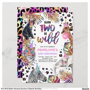 Two Wild Safari Animals Rainbow Cheetah Birthday Invitation