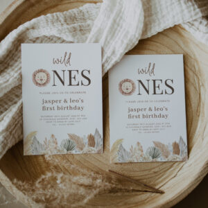 Wild Ones Twins Neutral Leaves Birthday Invitation