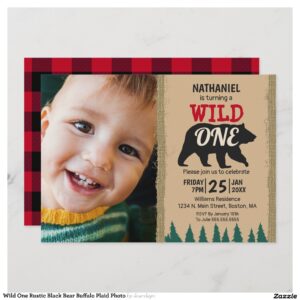 Wild One Rustic Black Bear Buffalo Plaid Photo Invitation