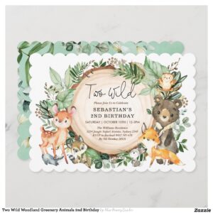 Two Wild Woodland Greenery Animals 2nd Birthday Invitation